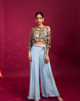 Powder Blue Ajrakh Stripped Jacket With Embellished Brallete And Inverted Pleated Pants