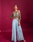 Powder Blue Ajrakh Stripped Jacket With Embellished Brallete And Inverted Pleated Pants