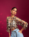 Powder Blue Ajrakh Stripped Jacket With Embellished Brallete And Inverted Pleated Pants