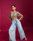 Powder Blue Ajrakh Stripped Jacket With Embellished Brallete And Inverted Pleated Pants