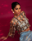 Powder Blue Ajrakh Stripped Jacket With Embellished Brallete And Inverted Pleated Pants
