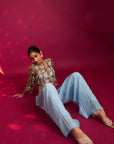 Powder Blue Ajrakh Stripped Jacket With Embellished Brallete And Inverted Pleated Pants