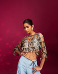 Powder Blue Ajrakh Stripped Jacket With Embellished Brallete And Inverted Pleated Pants