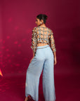 Powder Blue Ajrakh Stripped Jacket With Embellished Brallete And Inverted Pleated Pants