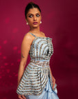 Powder Blue Ajrakh Embroidered Assymetric Peplum Top With Drape Dhoti Skirt
