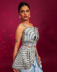 Powder Blue Ajrakh Embroidered Assymetric Peplum Top With Drape Dhoti Skirt