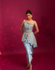 Powder Blue Ajrakh Embroidered Assymetric Peplum Top With Drape Dhoti Skirt