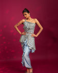 Powder Blue Ajrakh Embroidered Assymetric Peplum Top With Drape Dhoti Skirt