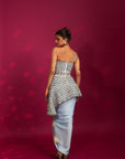 Powder Blue Ajrakh Embroidered Assymetric Peplum Top With Drape Dhoti Skirt