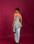 Powder Blue Ajrakh Embroidered Assymetric Peplum Top With Drape Dhoti Skirt