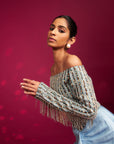Powder Blue Embellished Stripwork Off Shoulder Drape Dress