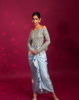 Powder Blue Embellished Stripwork Off Shoulder Drape Dress