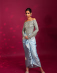 Powder Blue Embellished Stripwork Off Shoulder Drape Dress