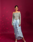 Powder Blue Embellished Stripwork Off Shoulder Drape Dress