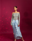 Powder Blue Embellished Stripwork Off Shoulder Drape Dress
