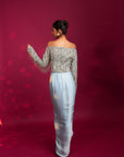 Powder Blue Embellished Stripwork Off Shoulder Drape Dress