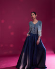 Deep Blue Ajrakh Embellished Jumpsuit With Fully Embsllished Ajrakh Stripwork Cape Jacket
