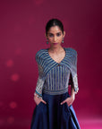 Deep Blue Ajrakh Embellished Jumpsuit With Fully Embsllished Ajrakh Stripwork Cape Jacket
