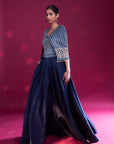 Deep Blue Ajrakh Embellished Jumpsuit With Fully Embsllished Ajrakh Stripwork Cape Jacket
