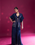 Deep Blue Ajrakh Embellished Jacket With Embellished Brallete And Flare Pants