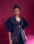 Deep Blue Ajrakh Embellished Jacket With Embellished Brallete And Flare Pants