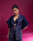 Deep Blue Ajrakh Embellished Jacket With Embellished Brallete And Flare Pants