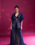 Deep Blue Ajrakh Embellished Jacket With Embellished Brallete And Flare Pants