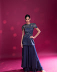Deep Blue Ajrakh Stripwork peplum Top With Flare Pants