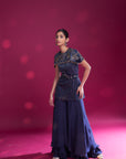 Deep Blue Ajrakh Stripwork peplum Top With Flare Pants