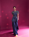 Deep Blue Ajrakh Stripwork peplum Top With Flare Pants