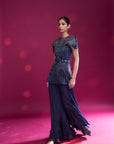 Deep Blue Ajrakh Stripwork peplum Top With Flare Pants