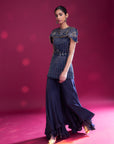 Deep Blue Ajrakh Stripwork peplum Top With Flare Pants