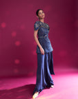 Deep Blue Ajrakh Stripwork peplum Top With Flare Pants