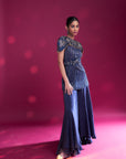 Deep Blue Ajrakh Stripwork peplum Top With Flare Pants