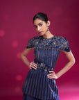 Deep Blue Ajrakh Stripwork peplum Top With Flare Pants