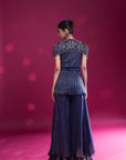 Deep Blue Ajrakh Stripwork peplum Top With Flare Pants