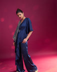 Deep Blue Fully Embroidered Single Flap Jumpsuit