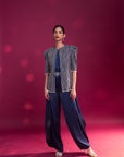 Deep Blue Side Cowl Jumpsuit With Ajrakh Embellished Jacket With Patchwork Waistbelt