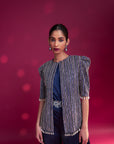 Deep Blue Side Cowl Jumpsuit With Ajrakh Embellished Jacket With Patchwork Waistbelt
