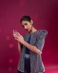 Deep Blue Side Cowl Jumpsuit With Ajrakh Embellished Jacket With Patchwork Waistbelt
