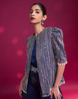 Deep Blue Side Cowl Jumpsuit With Ajrakh Embellished Jacket With Patchwork Waistbelt