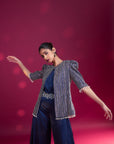 Deep Blue Side Cowl Jumpsuit With Ajrakh Embellished Jacket With Patchwork Waistbelt