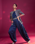 Deep Blue Side Cowl Jumpsuit With Ajrakh Embellished Jacket With Patchwork Waistbelt