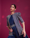 Deep Blue Side Cowl Jumpsuit With Ajrakh Embellished Jacket With Patchwork Waistbelt
