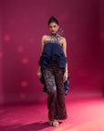 Deep Blue Embroidered Ruffled Top With Ajrakh Pants