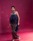 Deep Blue Embroidered Ruffled Top With Ajrakh Pants