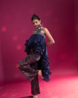 Deep Blue Embroidered Ruffled Top With Ajrakh Pants