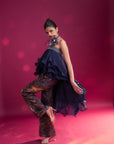Deep Blue Embroidered Ruffled Top With Ajrakh Pants