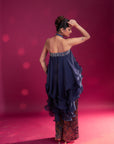 Deep Blue Embroidered Ruffled Top With Ajrakh Pants