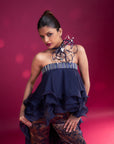Deep Blue Embroidered Ruffled Top With Ajrakh Pants